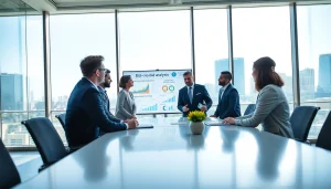 Engaged team reviewing a Bid-No-Bid Analysis during a collaborative meeting in a modern office.