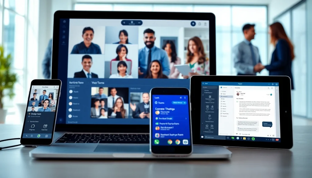 Explore the features of Microsoft Teams下载 in a modern digital workspace, showcasing collaboration on multiple devices.