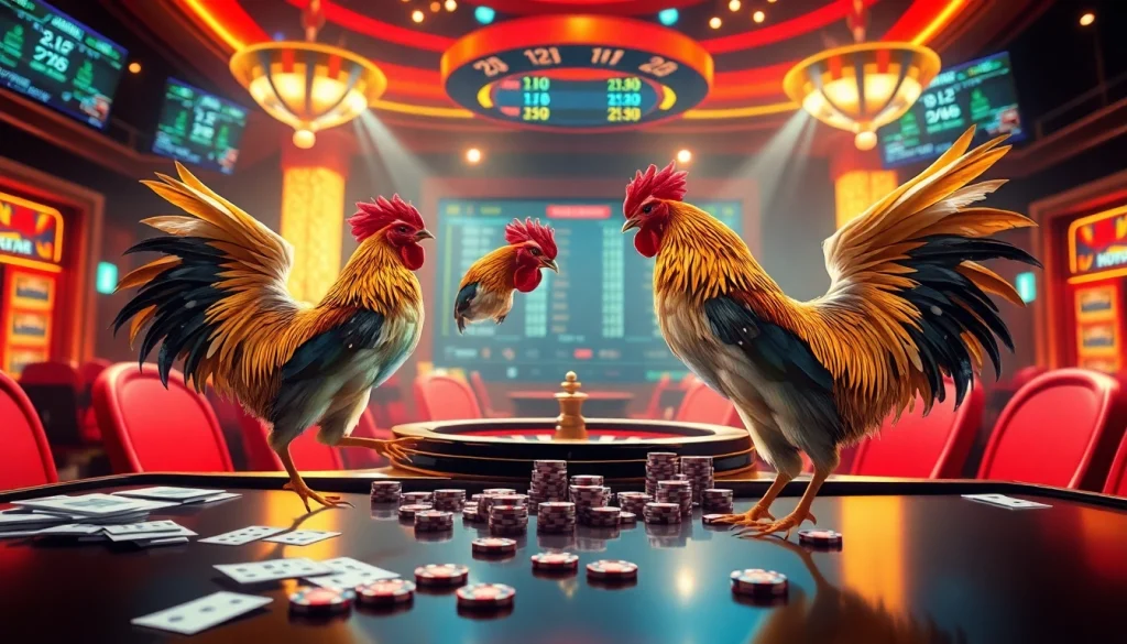 Engaging scene of nhà cái đá gà with vibrant visuals of digital rooster fights and betting action.