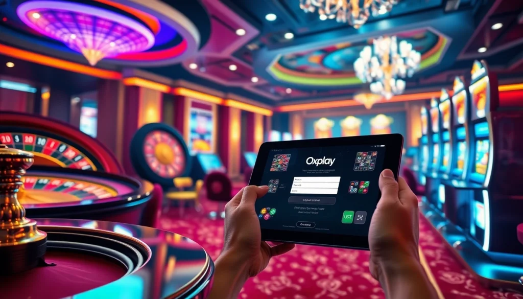 Experience the excitement of Oxplay login at a luxurious casino with vibrant slot machines and roulette.