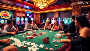 Players enjoying a vibrant poker game at Nhà Cái 56WIN casino, surrounded by colorful chips and a shining roulette wheel.