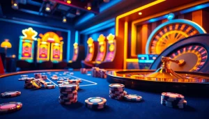 Experience the thrill of TRANG CHỦ LC88 with an engaging online casino scene featuring poker chips and roulette wheels.