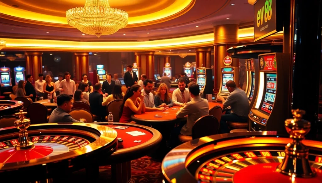 Players enjoying high-stakes poker at a luxurious casino, highlighting ev 88 gaming excitement.