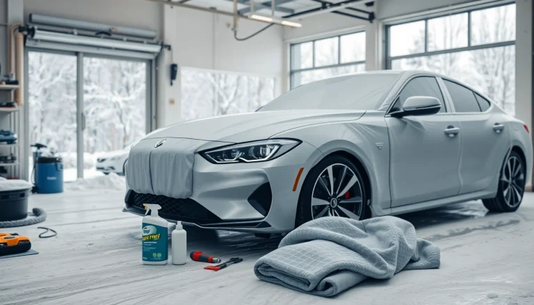 Apply winter car protection Chattanooga services in a professional garage with winter tools.
