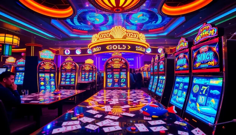 Bắn cá nổ hũ fishing game-themed slot machines in a vibrant casino setting with exciting players.