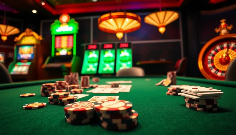 Players engaging in a high-stakes game at a J88-themed casino table, filled with colorful poker chips and cards.
