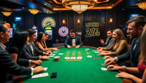 Người chơi thưởng thức một trò chơi đầy kịch tính tại bàn casino LUCK8, giữa các máy slot và bàn roulette.