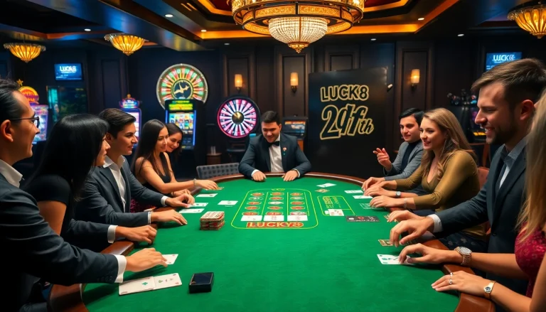 Người chơi thưởng thức một trò chơi đầy kịch tính tại bàn casino LUCK8, giữa các máy slot và bàn roulette.