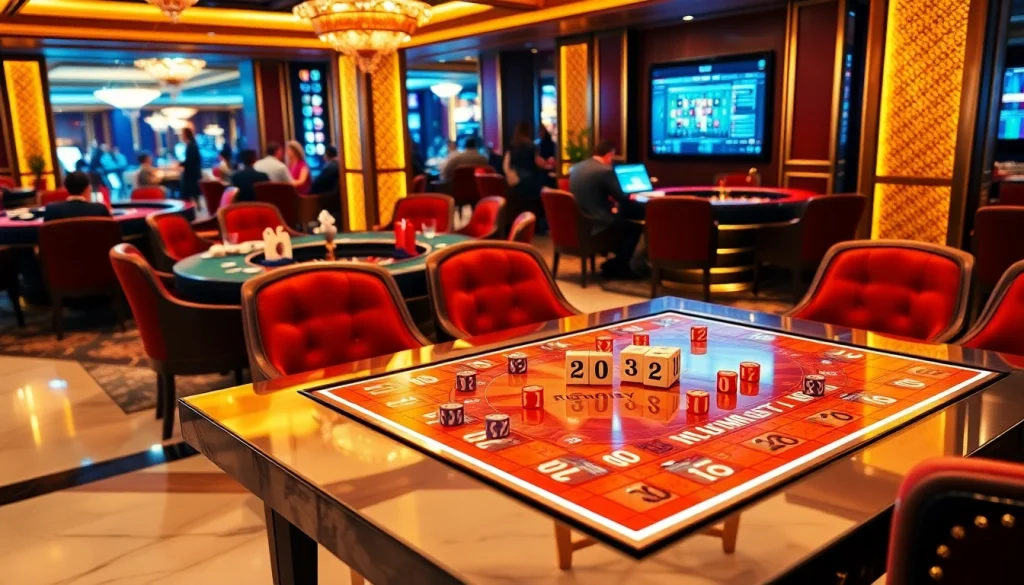 Play רמיקוב אונליין in an elegant casino setting with vibrant tiles and engaging players.