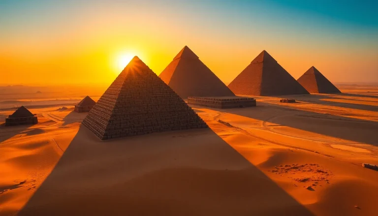 Piraminds illuminated by sunset showcasing their grandeur against the desert landscape.