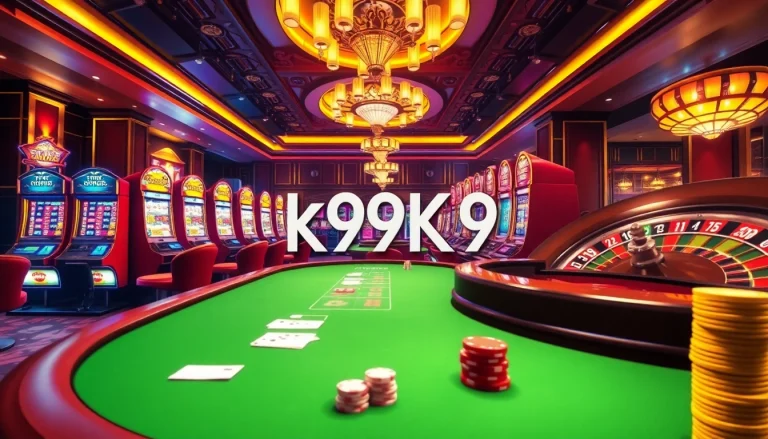 K9K9 casino scene showcasing poker gameplay and vibrant slot machines in an upscale environment.