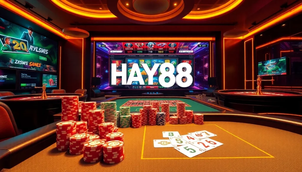 HAY88's online gaming atmosphere showcasing engaging casino action and vibrant poker chips.
