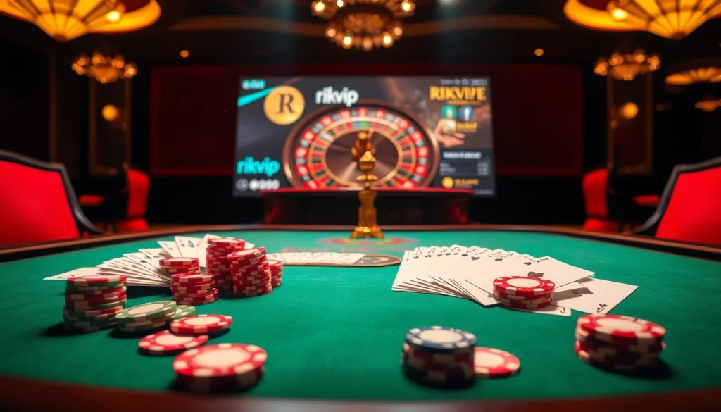 Experience a luxurious poker night at rikvip, featuring vibrant chips and a spinning roulette wheel.