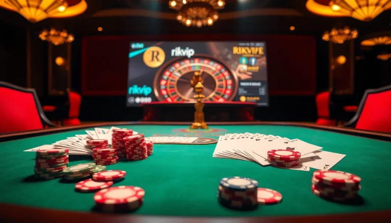 Experience a luxurious poker night at rikvip, featuring vibrant chips and a spinning roulette wheel.