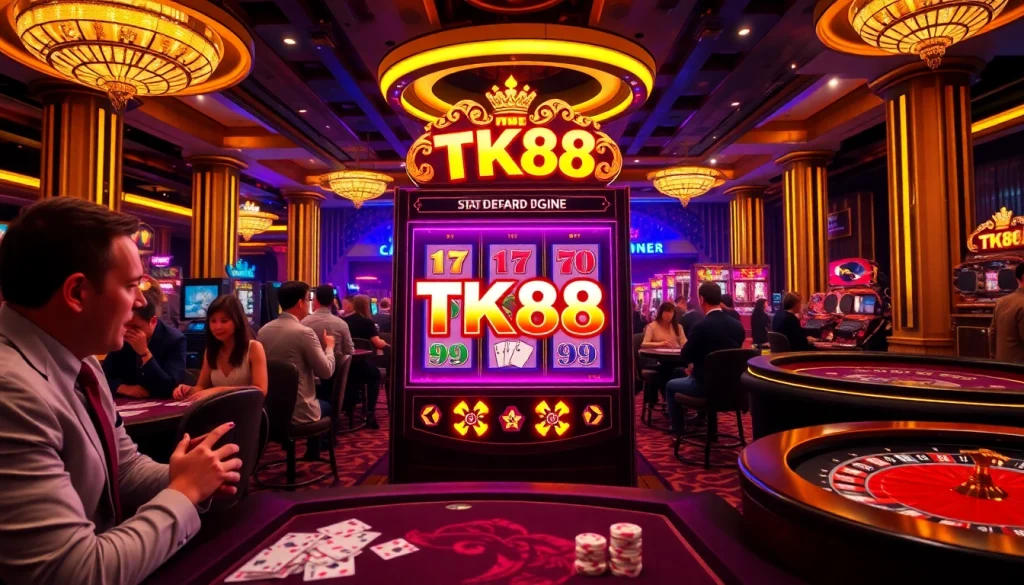 Players enjoying the TK88 slot in a luxurious casino environment with vibrant colors and excitement.
