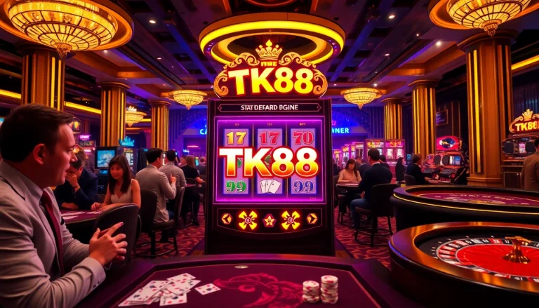 Players enjoying the TK88 slot in a luxurious casino environment with vibrant colors and excitement.