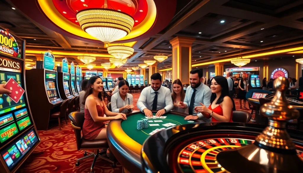 SODO CASINO players enjoying a thrilling moment at a poker table with vibrant slot machines in the background