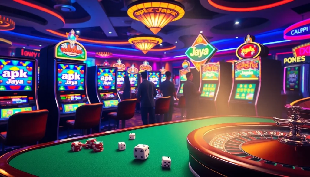 Players winning at slot machines in a vibrant casino setting, featuring apk jaya branding.