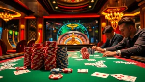 S88vip casino scene showing players at an elegant table with poker chips and cards.