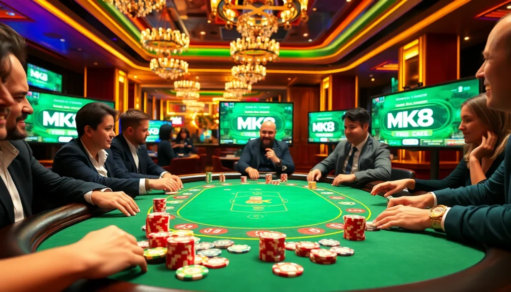 Exciting MK8 poker game scene with vibrant chips and cards at a luxurious casino table.