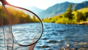 A fisherman skillfully using a fly fishing net to catch trout in a serene river setting.