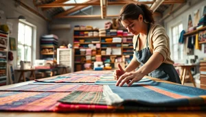 Werken met brabantse bont stoffen op een houten tafel vol kleurige stofstalen.