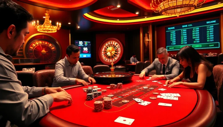 Players strategizing at a BJ38 online gambling table amidst lively casino ambiance.