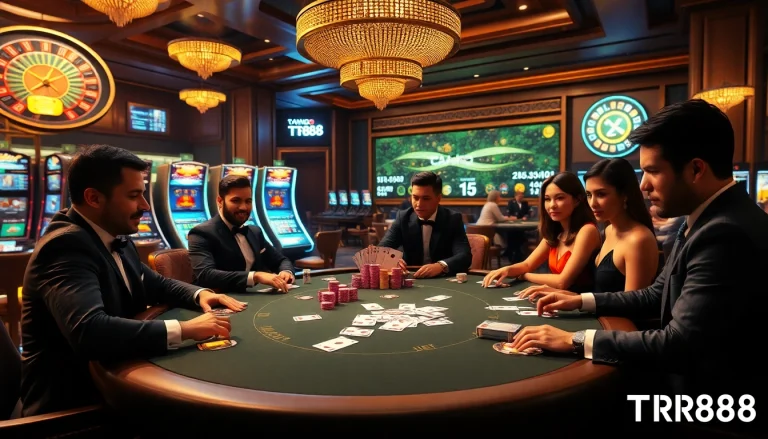 tr88 players engaging at a high-stakes poker table with vibrant chips and cards