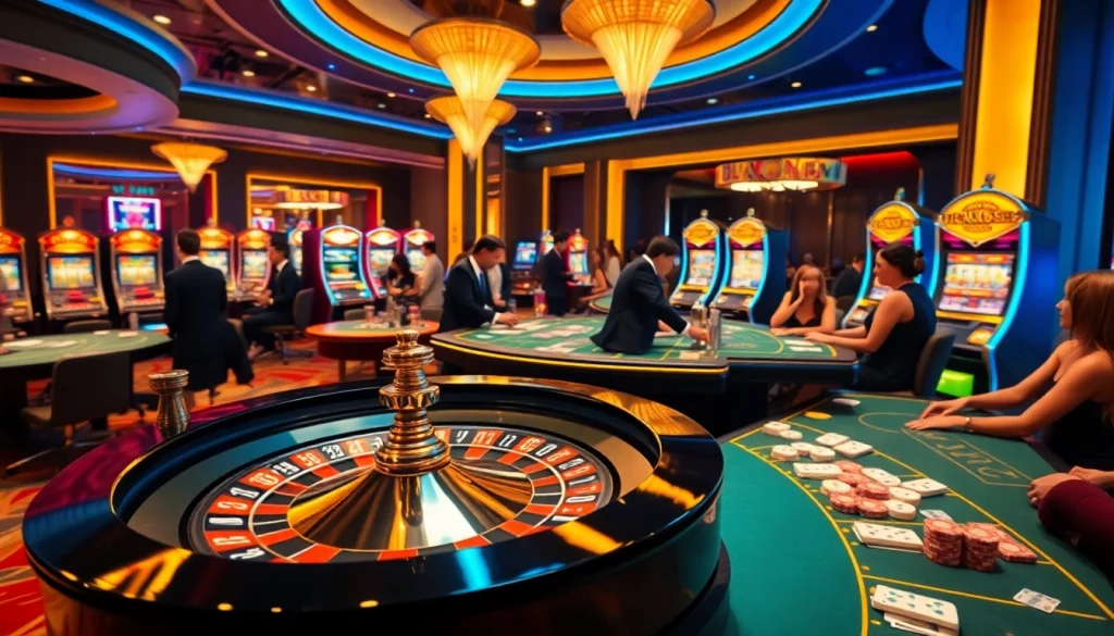 Players enjoy lively MK8-themed gambling at a luxurious casino, featuring poker tables and slot machines.