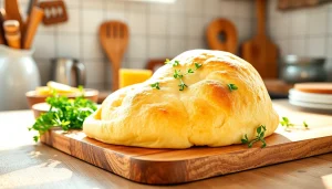 Kaasdoek met verse kaas en kruiden op een snijplank op een professionele keukentafel.