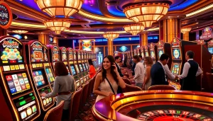SLOT GACOR players enjoying a thrilling experience at vibrant casino slot machines with vivid lights and luxury.