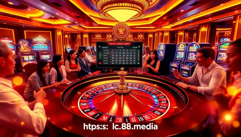 Experience the thrill of betting at https://lc88.media with a bustling casino scene featuring poker chips and roulette.