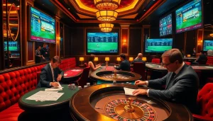 Experience high-stakes betting at vaoluoitv with elegant poker tables and live sports displays.
