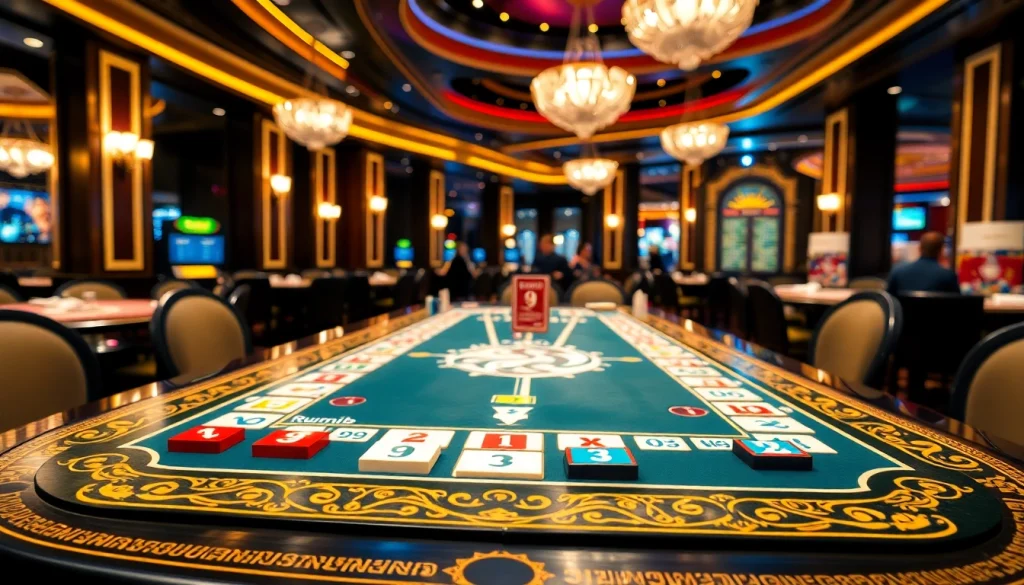 Engage with רמיקוב אונליין in a vibrant casino setting featuring players and colorful tiles.