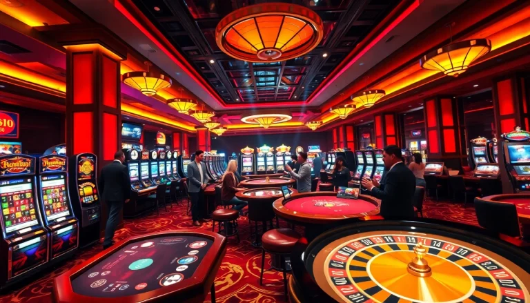 Nohu90 casino gaming scene with vibrant slot machines and lively players at poker tables.