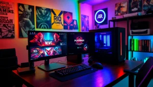 Display of a gaming PC and peripherals amidst vibrant PC gaming news, creating an exciting atmosphere.