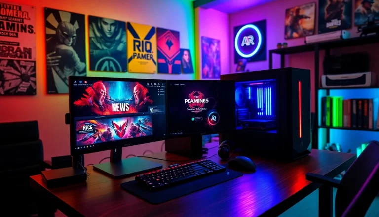 Display of a gaming PC and peripherals amidst vibrant PC gaming news, creating an exciting atmosphere.