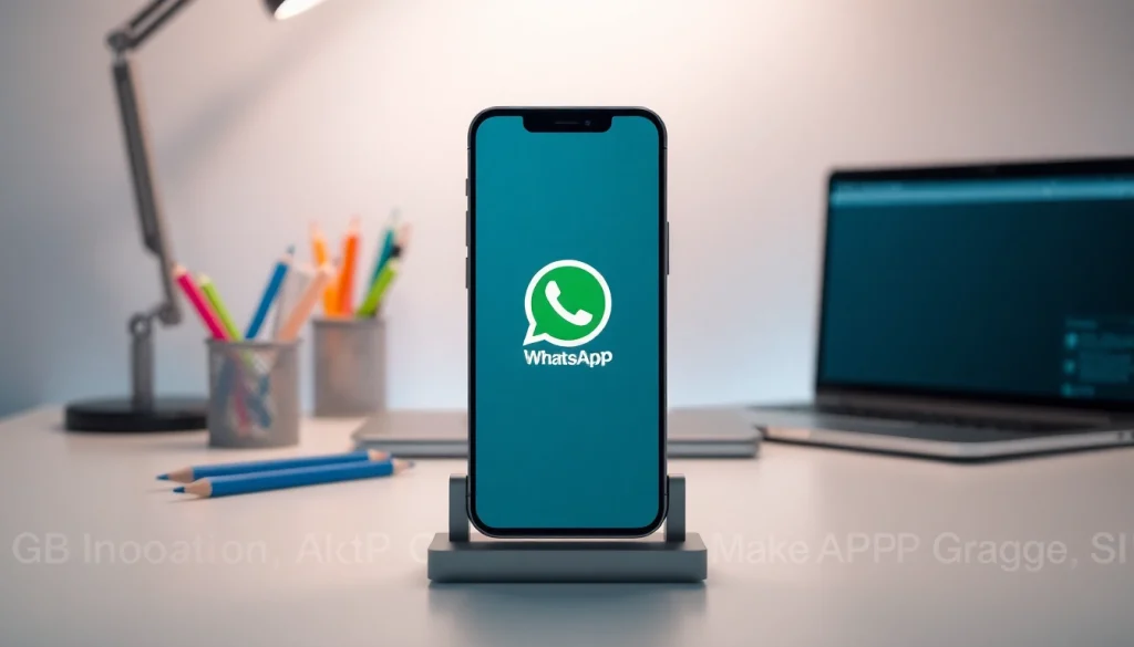 GB WhatsApp app displayed on a modern smartphone in an inviting workspace.