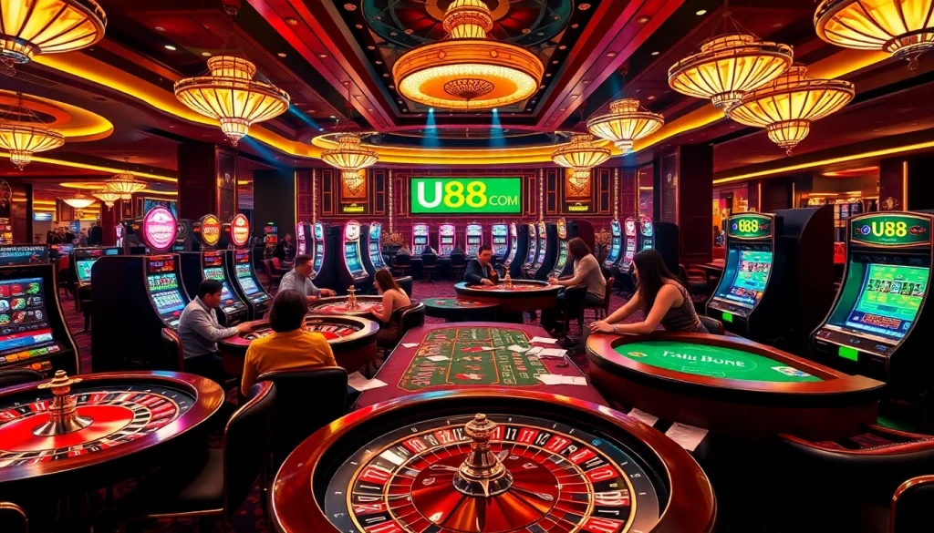 Players enjoying games at u888 com’s vibrant casino floor with poker tables and roulette wheels.