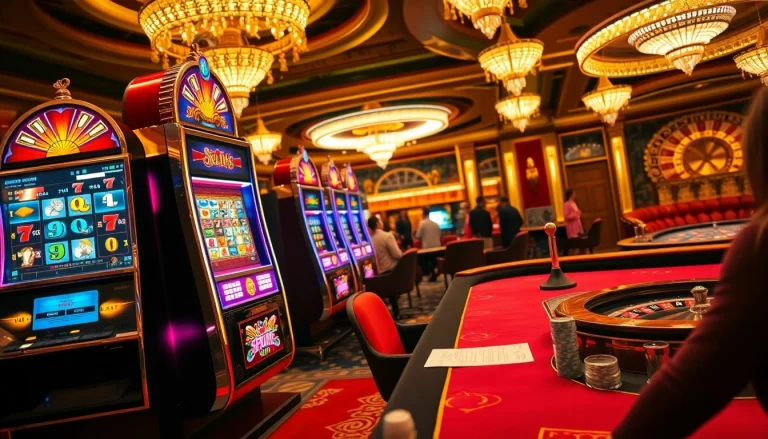 Spin the reels at slot depo 1000 in this vibrant casino scene filled with excitement.