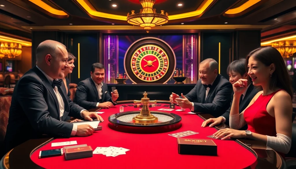 Sbobet betting table with players enjoying thrilling sports betting in a luxurious casino setting.