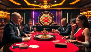 Sbobet betting table with players enjoying thrilling sports betting in a luxurious casino setting.