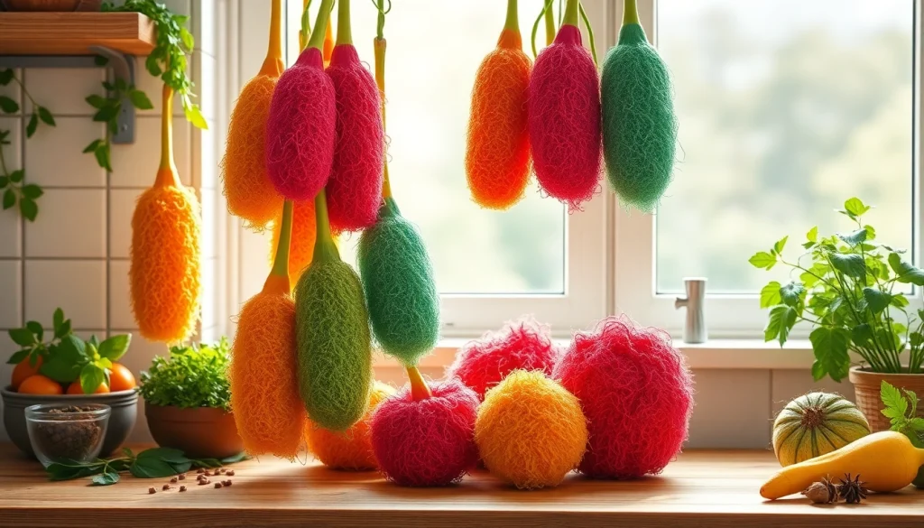 Discover kitchen loofah benefits with vibrant loofahs displayed in a sunny kitchen corner.