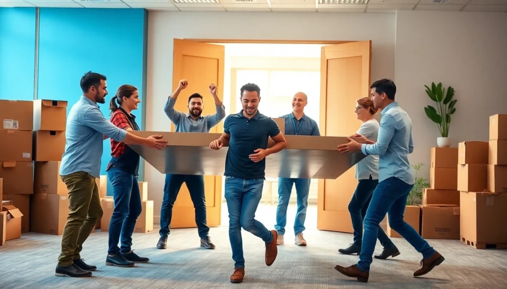 Professional movers performing a Commercial Moving task in a collaborative office environment.