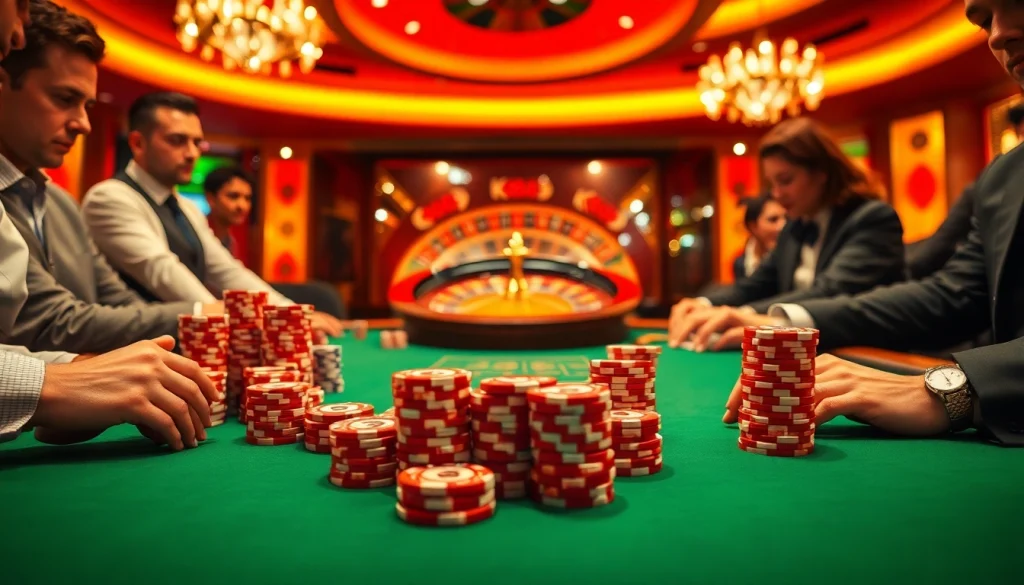 Experience the thrill of NK88 at a luxurious poker table surrounded by eager players.