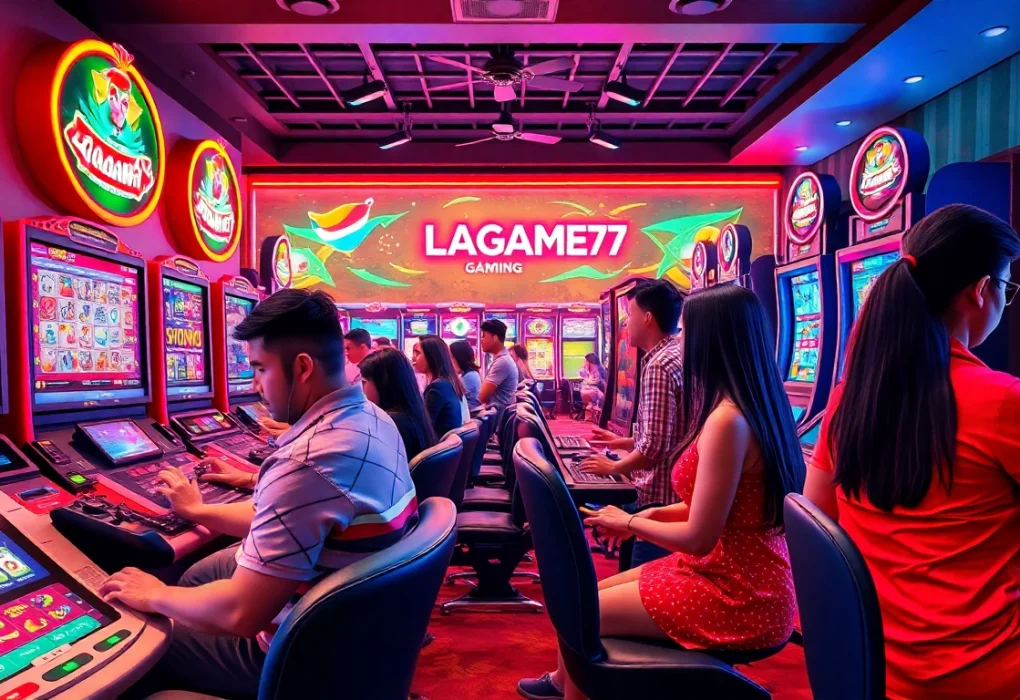 LAGAGAME77 online gaming scene with players enjoying engaging slot games and vibrant digital interfaces.