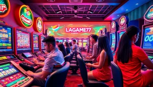 LAGAGAME77 online gaming scene with players enjoying engaging slot games and vibrant digital interfaces.