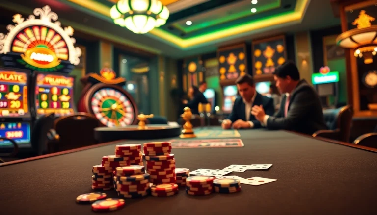 Dynamic players at the nhà cái kp88 casino, engaging in intense poker action with vibrant gaming elements.