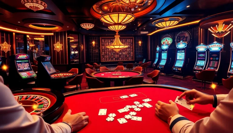 Experience the excitement of gaming at 8qbet with vibrant casino visuals including poker tables and roulette wheels.