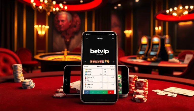 Tương tác với ứng dụng BetVIP trong một casino sang trọng với các bàn poker và bàn roulette.